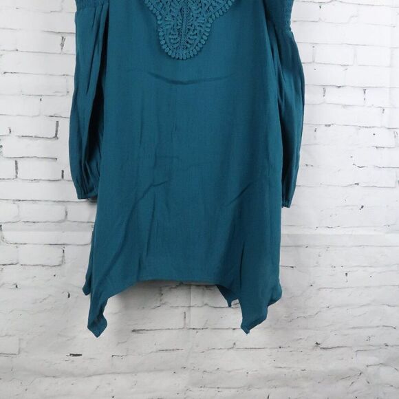 KNOX ROSE TEAL COLD SHOULDER 3/4 SLEEVE V NECK ASYMETRICAL TUNIC TOP SIZE S - Picture 8 of 10